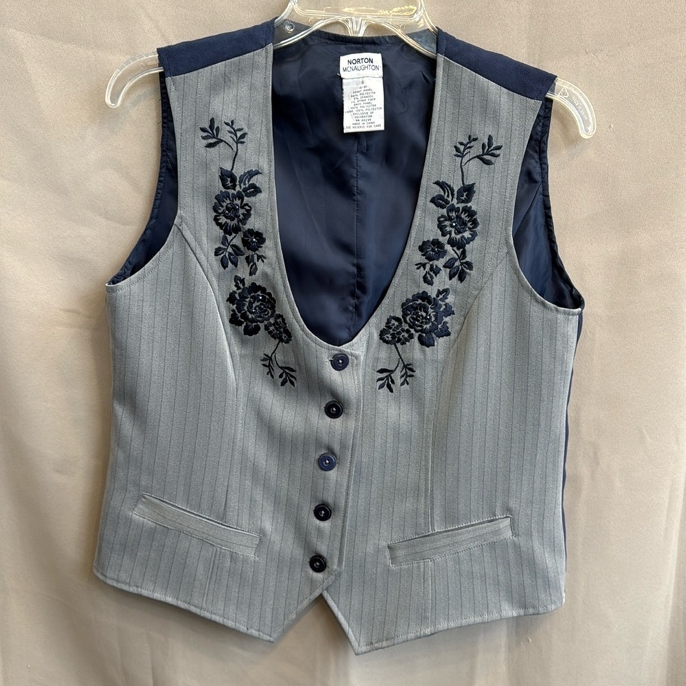 Vintage Norton McNaughton Gray Blue Flocked Floral Tailored Vest Size S